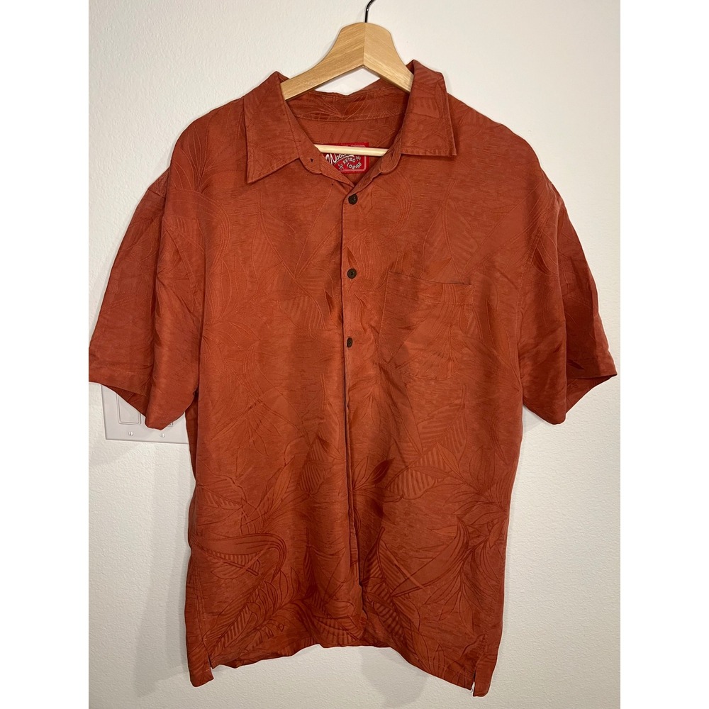 Woody's Retro Lounge Shirt Mens XL Orange Excellent Tropical Leaf Jacquard Camp